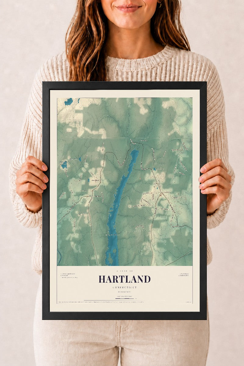 Hartland, Connecticut map print, 12" x 18", W/ Black Ayous Wood Frame