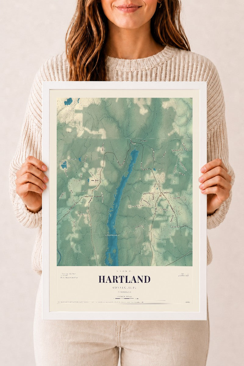 Hartland, Connecticut map print, 12" x 18", W/ White Ayous Wood Frame