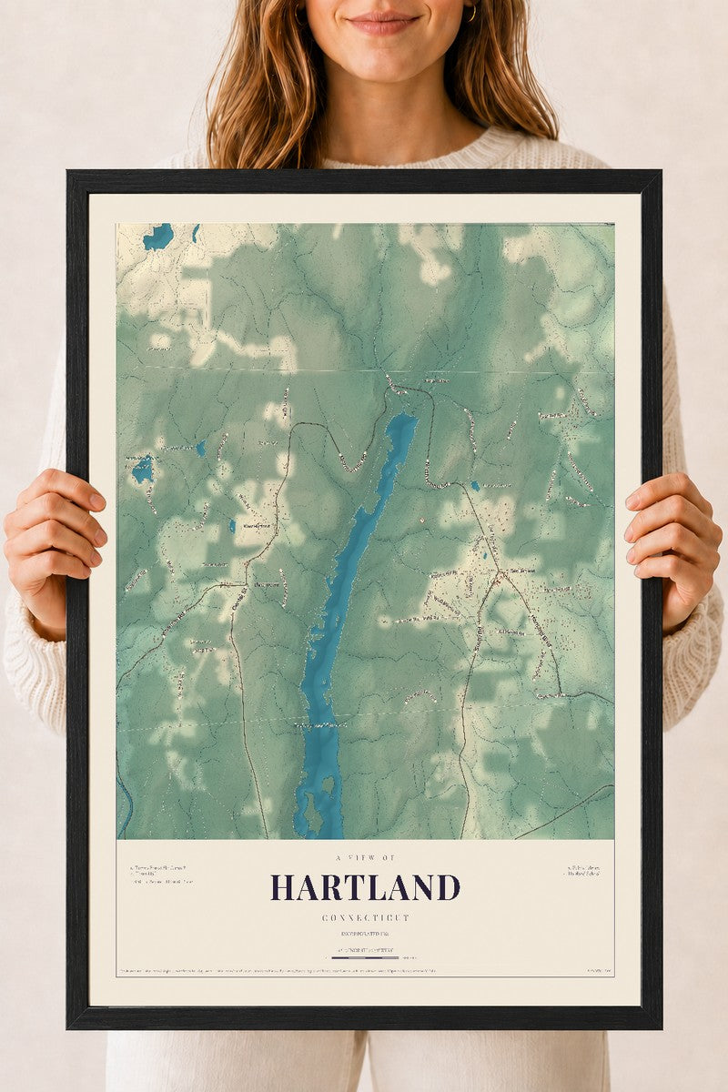 Hartland, Connecticut map print, 18" x 24", W/ Black Ayous Wood Frame