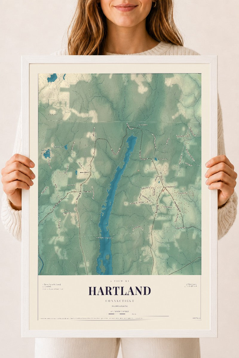 Hartland, Connecticut map print, 18" x 24", W/ White Ayous Wood Frame