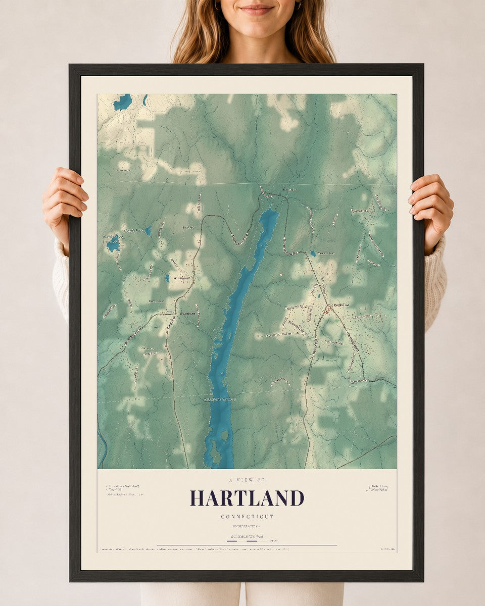 Hartland, Connecticut map print, 24" x 36", W/ Black Ayous Wood Frame