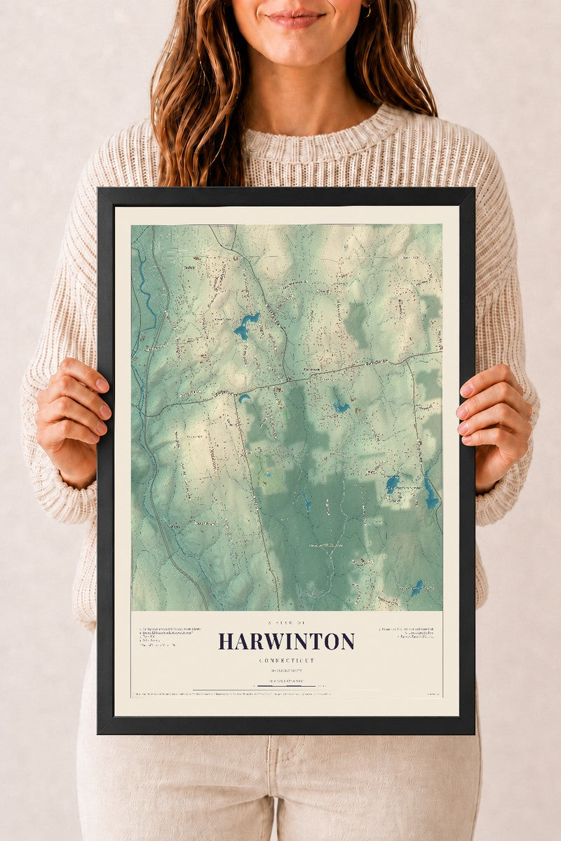 Harwinton, Connecticut map print, 12" x 18", W/ Black Ayous Wood Frame