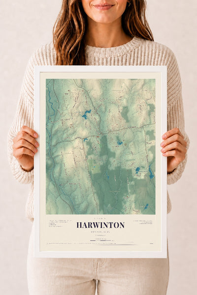 Harwinton, Connecticut map print, 12" x 18", W/ White Ayous Wood Frame
