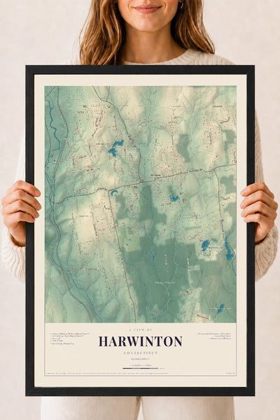 Harwinton, Connecticut map print, 18" x 24", W/ Black Ayous Wood Frame