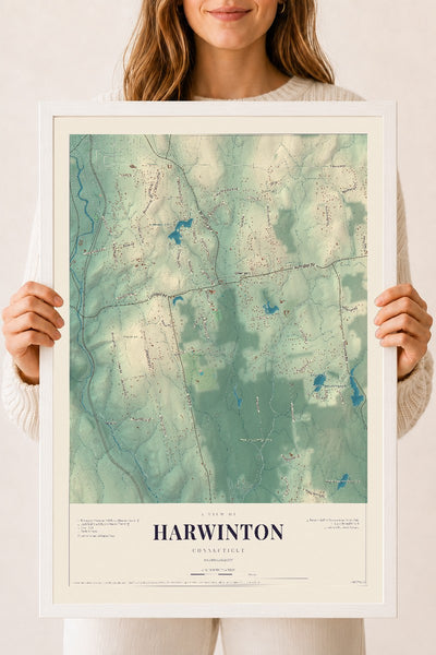 Harwinton, Connecticut map print, 18" x 24", W/ White Ayous Wood Frame