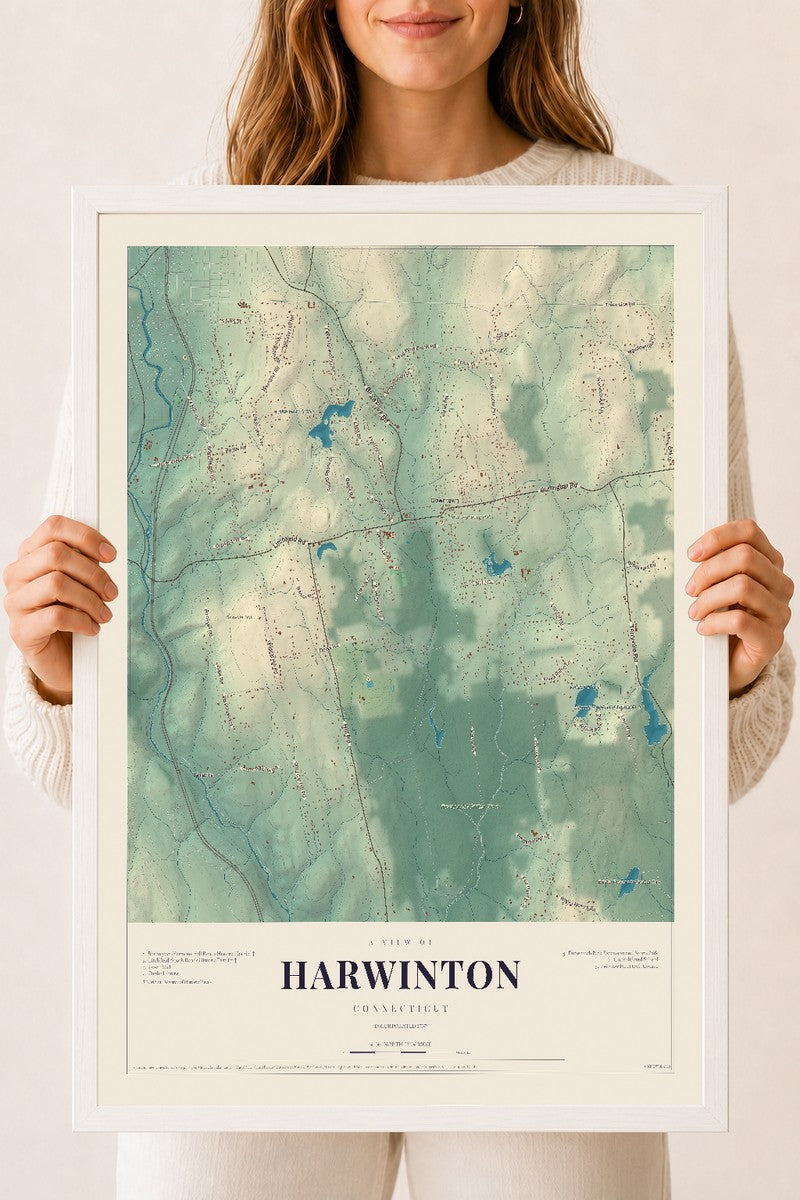 Harwinton, Connecticut map print, 18" x 24", W/ White Ayous Wood Frame