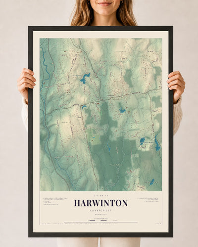 Harwinton, Connecticut map print, 24" x 36", W/ Black Ayous Wood Frame