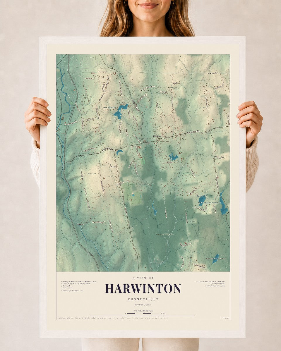 Harwinton, Connecticut map print, 24" x 36", W/ White Ayous Wood Frame