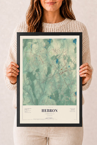 Hebron, Connecticut map print, 12" x 18", W/ Black Ayous Wood Frame