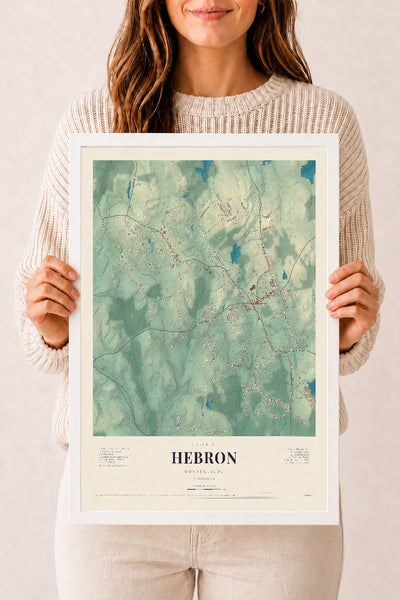 Hebron, Connecticut map print, 12" x 18", W/ White Ayous Wood Frame