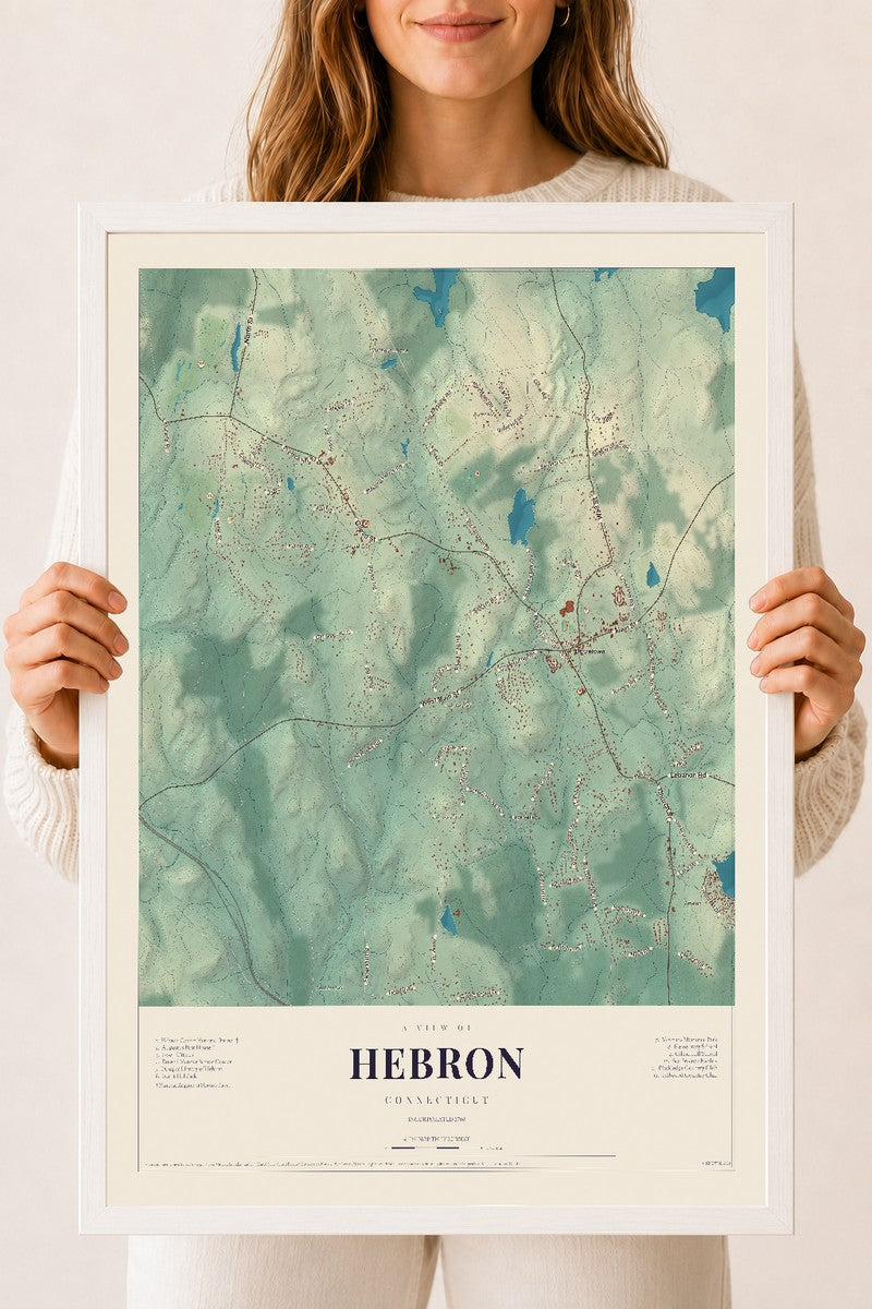 Hebron, Connecticut map print, 18" x 24", W/ White Ayous Wood Frame