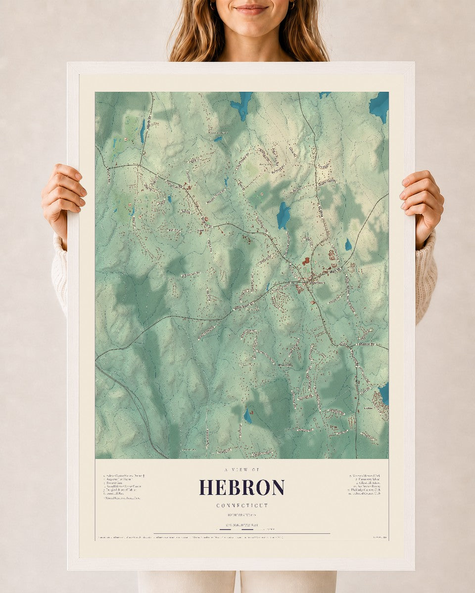 Hebron, Connecticut map print, 24" x 36", W/ White Ayous Wood Frame