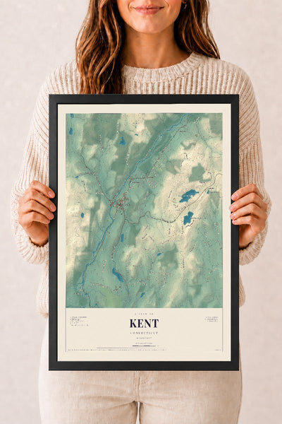 Kent, Connecticut map print, 12" x 18", W/ Black Ayous Wood Frame