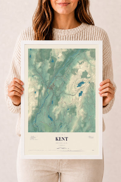 Kent, Connecticut map print, 12" x 18", W/ White Ayous Wood Frame