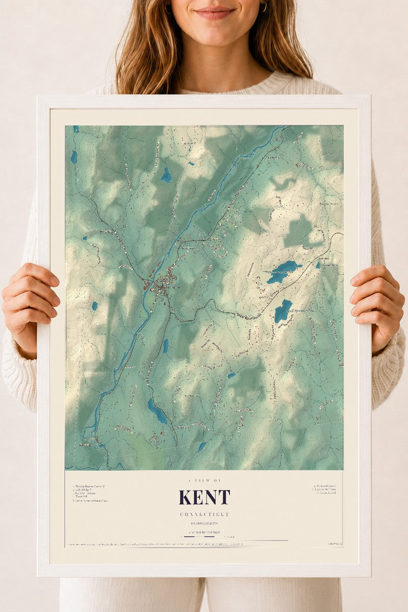 Kent, Connecticut map print, 18" x 24", W/ White Ayous Wood Frame