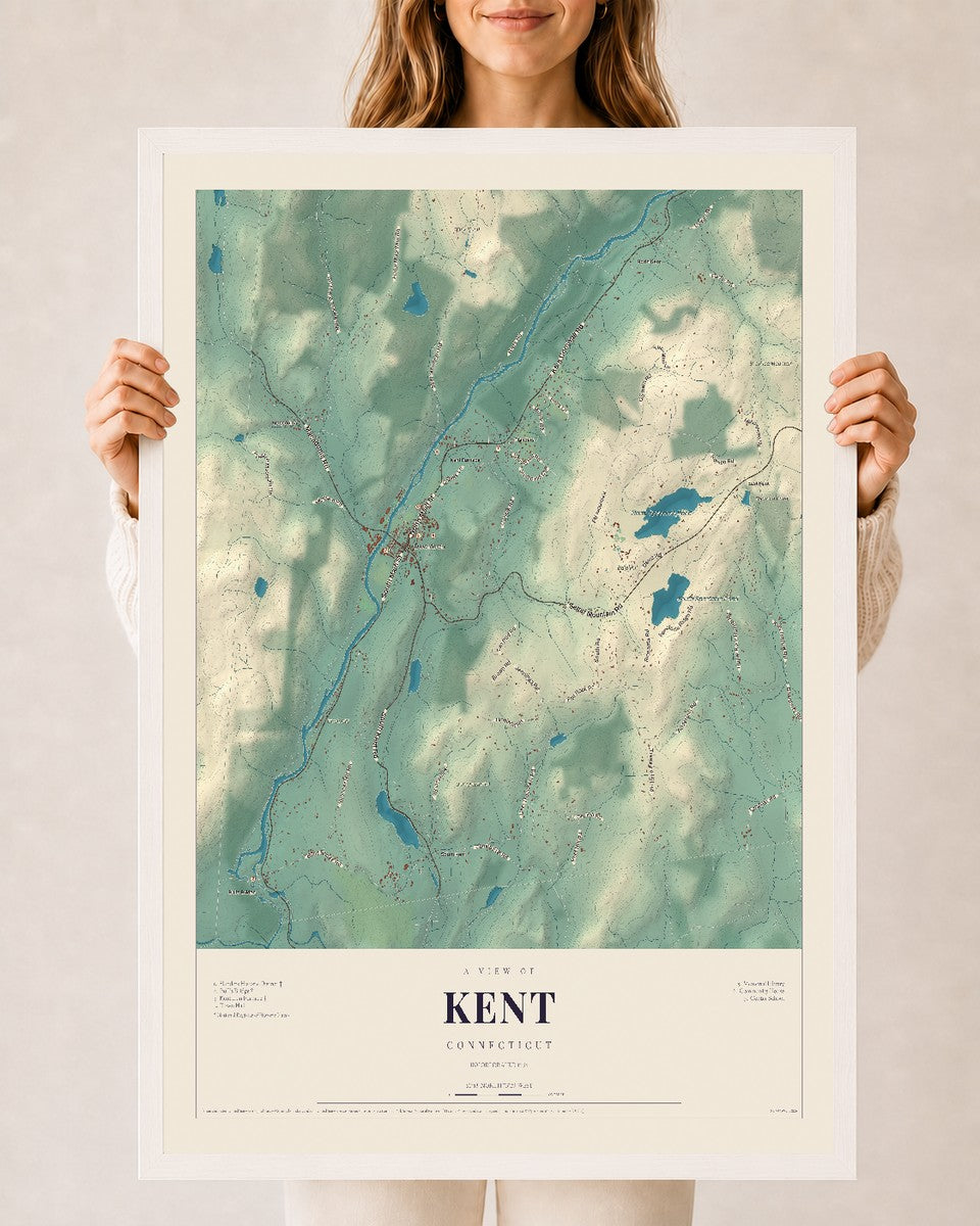 Kent, Connecticut map print, 24" x 36", W/ White Ayous Wood Frame