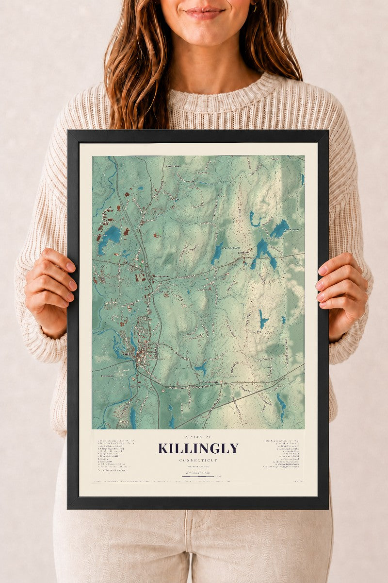 Killingly, Connecticut map print, 12" x 18", W/ Black Ayous Wood Frame