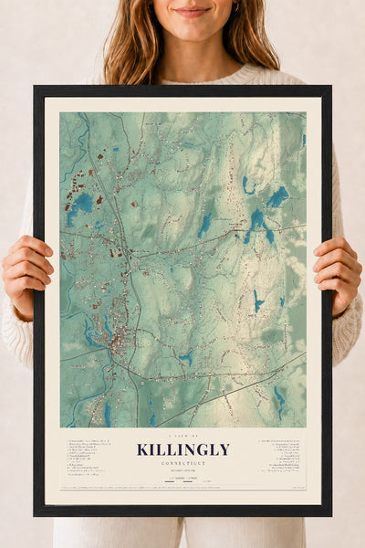 Killingly, Connecticut map print, 18" x 24", W/ Black Ayous Wood Frame