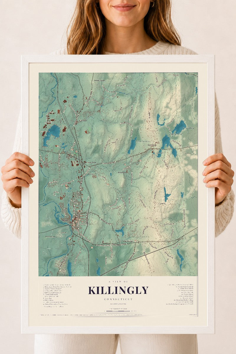 Killingly, Connecticut map print, 18" x 24", W/ White Ayous Wood Frame