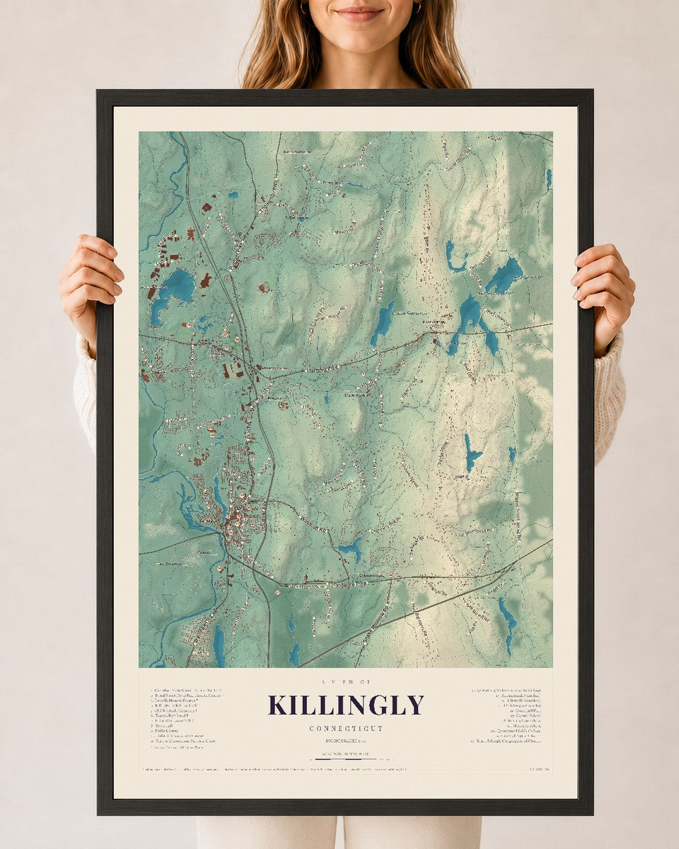 Killingly, Connecticut map print, 24" x 36", W/ Black Ayous Wood Frame