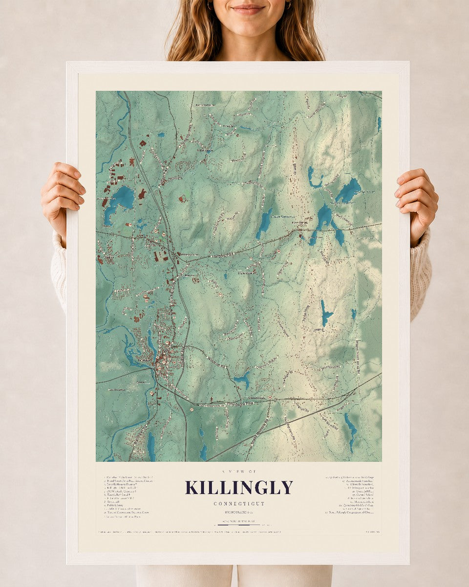 Killingly, Connecticut map print, 24" x 36", W/ White Ayous Wood Frame