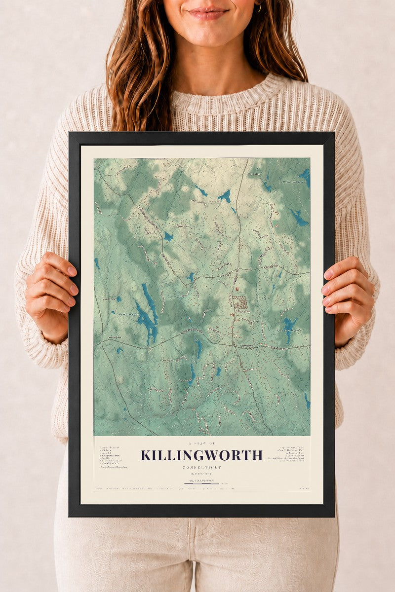 Killingworth, Connecticut map print, 12" x 18", W/ Black Ayous Wood Frame