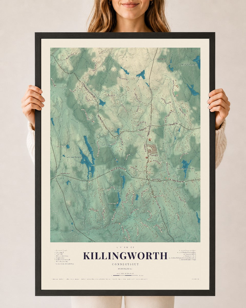 Killingworth, Connecticut map print, 24" x 36", W/ Black Ayous Wood Frame