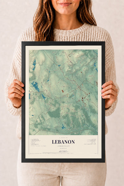 Lebanon, Connecticut map print, 12" x 18", W/ Black Ayous Wood Frame