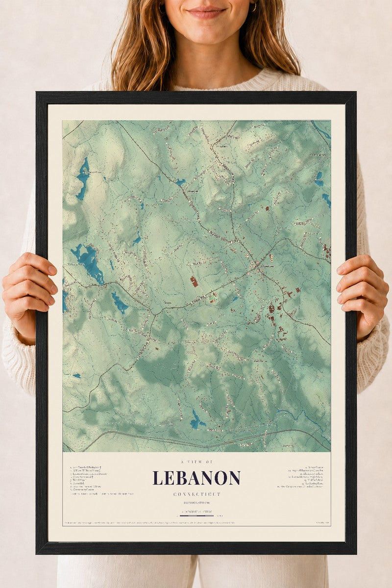 Lebanon, Connecticut map print, 18" x 24", W/ Black Ayous Wood Frame