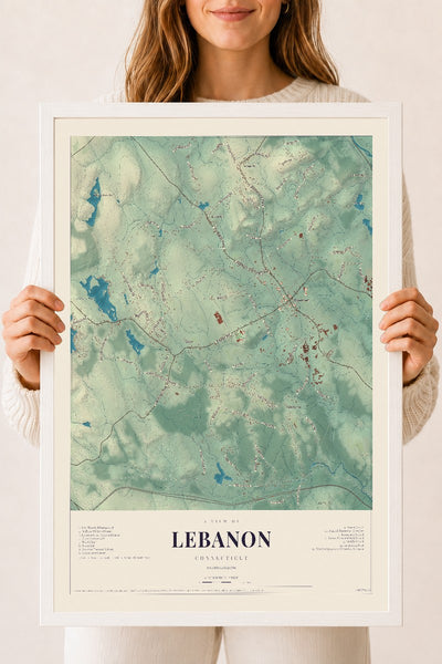 Lebanon, Connecticut map print, 18" x 24", W/ White Ayous Wood Frame