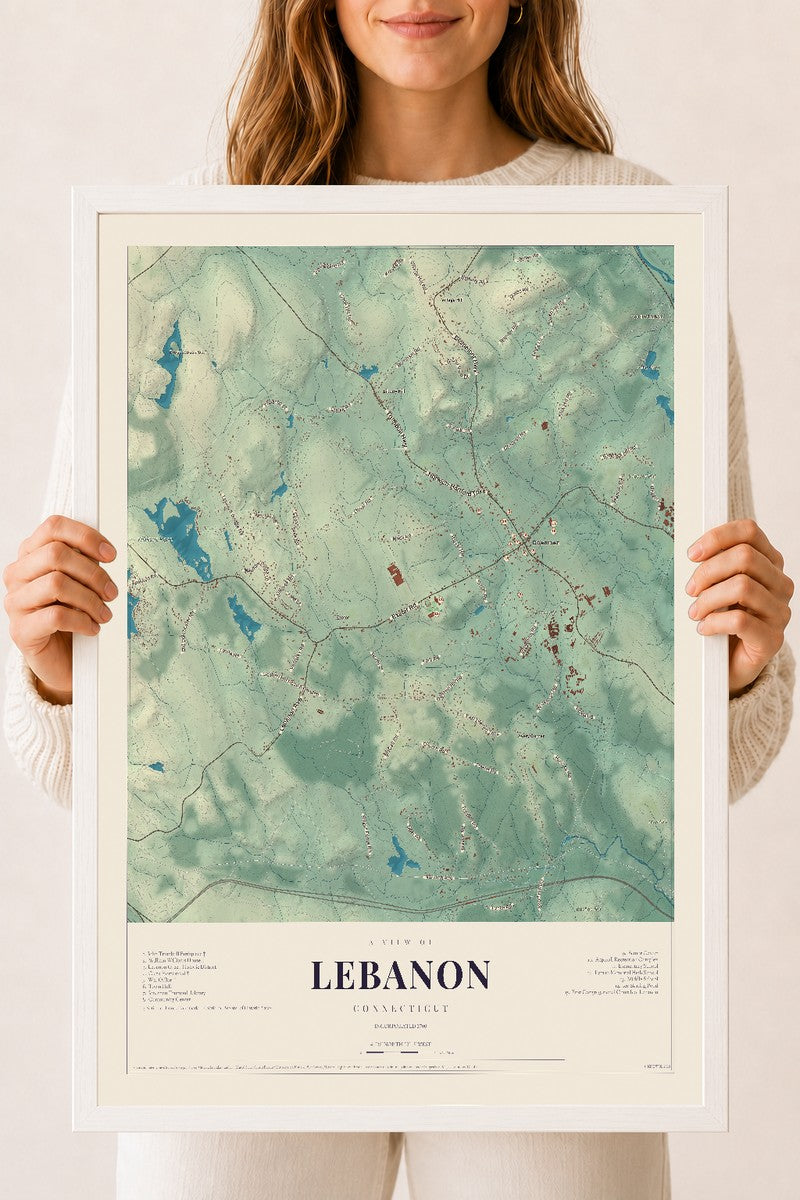 Lebanon, Connecticut map print, 18" x 24", W/ White Ayous Wood Frame