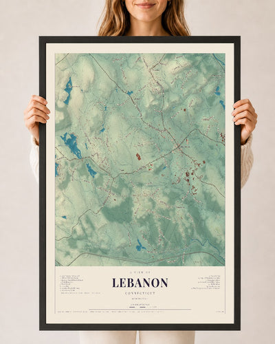 Lebanon, Connecticut map print, 24" x 36", W/ Black Ayous Wood Frame