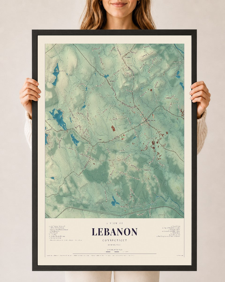 Lebanon, Connecticut map print, 24" x 36", W/ Black Ayous Wood Frame