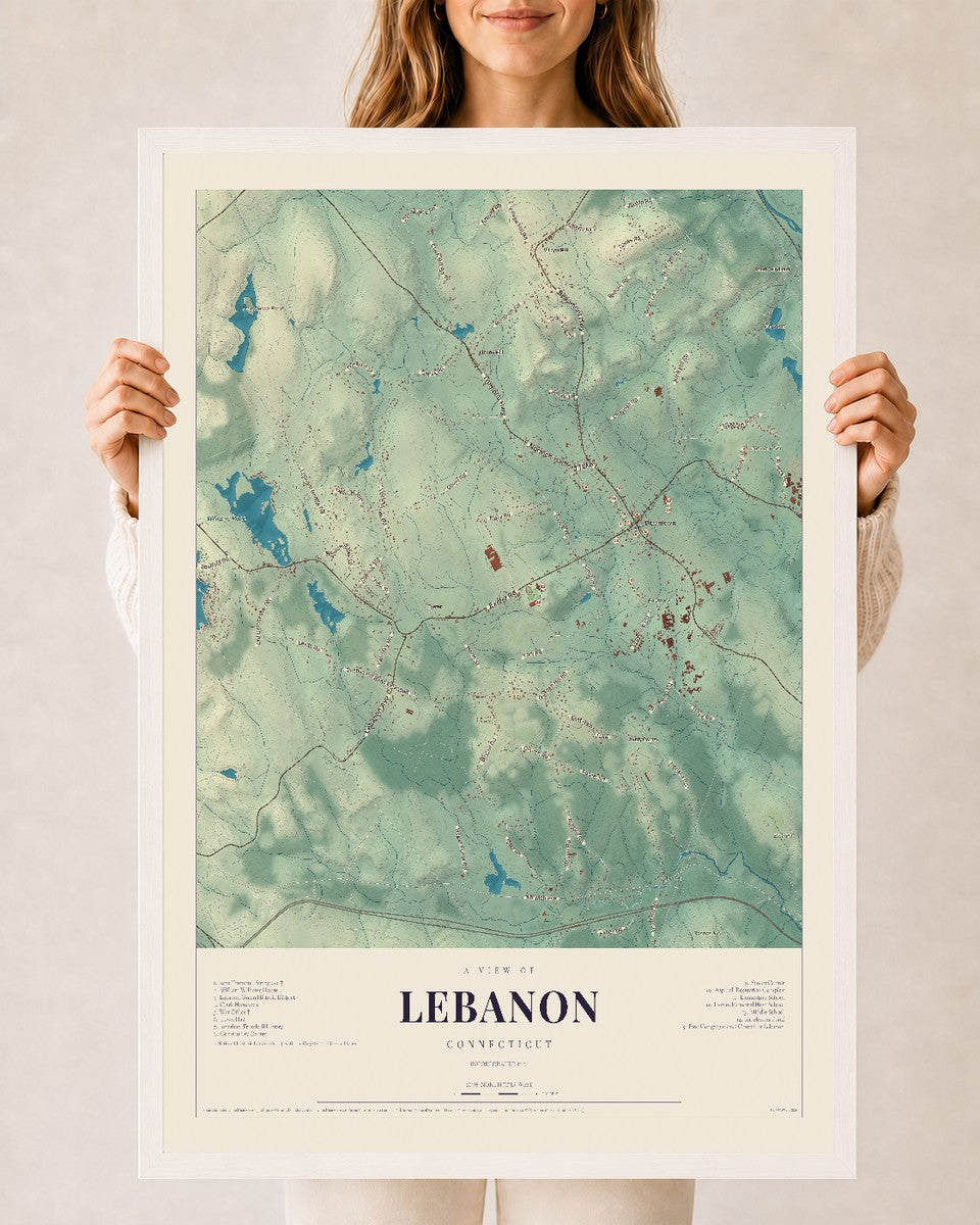 Lebanon, Connecticut map print, 24" x 36", W/ White Ayous Wood Frame