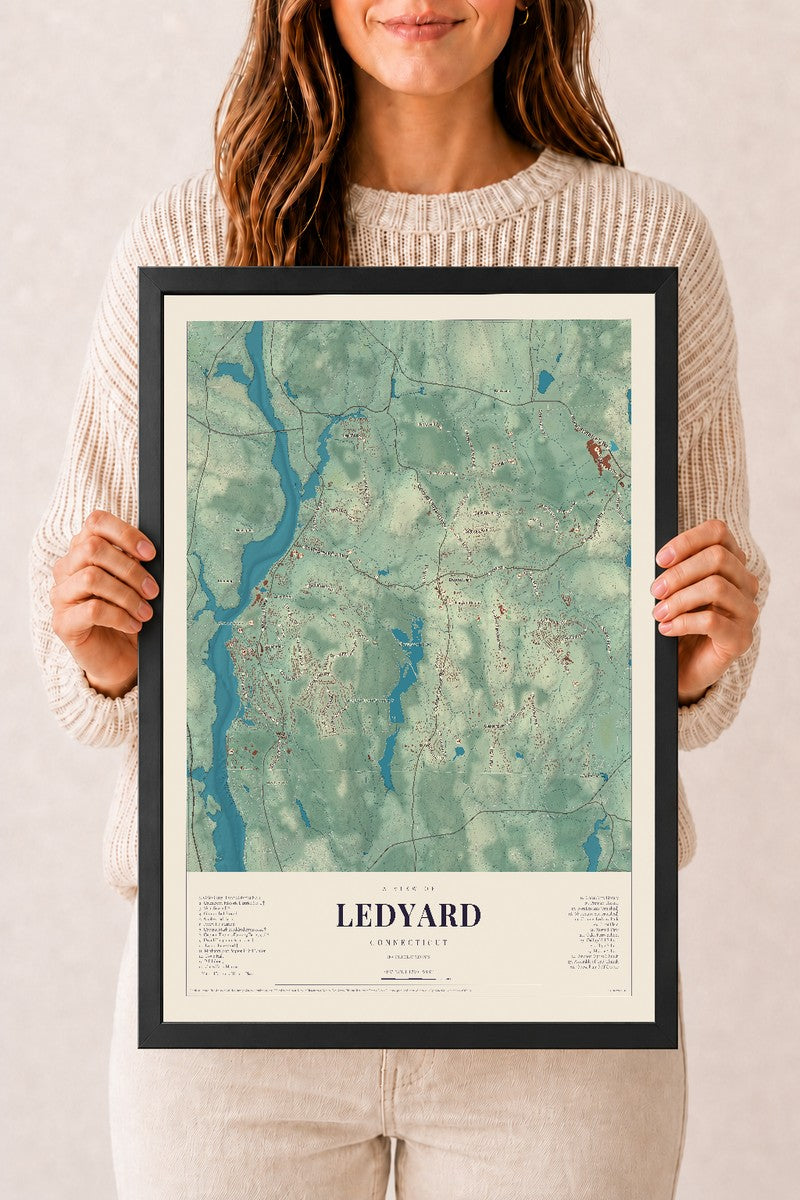 Ledyard, Connecticut map print, 12" x 18", W/ Black Ayous Wood Frame