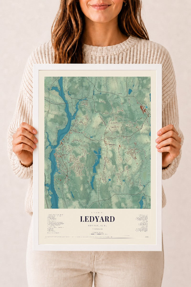 Ledyard, Connecticut map print, 12" x 18", W/ White Ayous Wood Frame