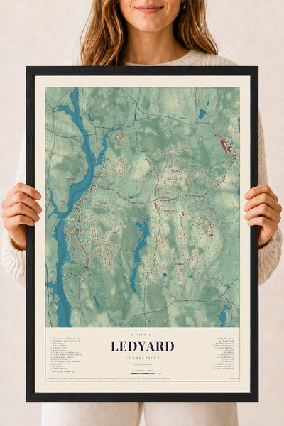 Ledyard, Connecticut map print, 18" x 24", W/ Black Ayous Wood Frame