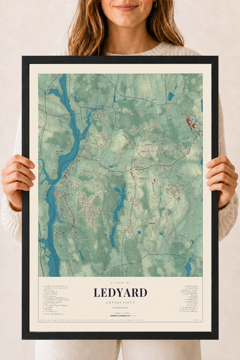 Ledyard, Connecticut map print, 18" x 24", W/ Black Ayous Wood Frame