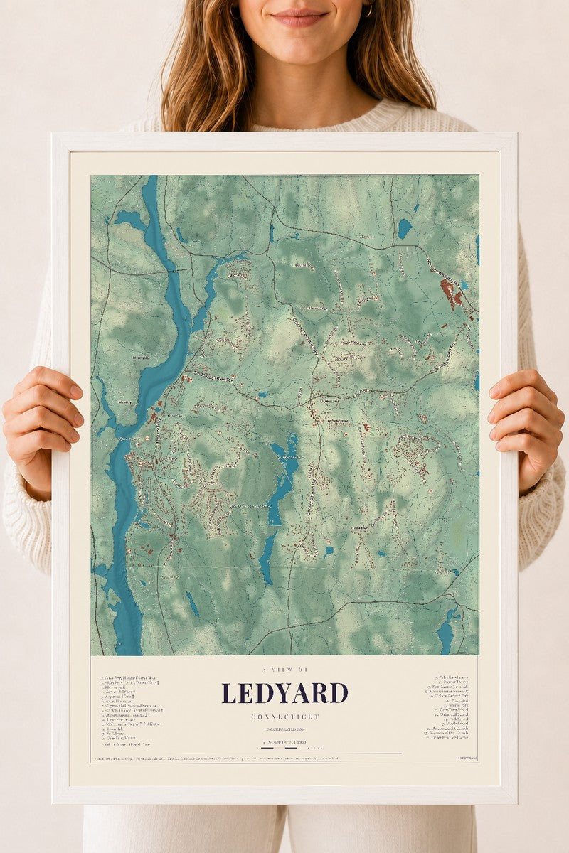 Ledyard, Connecticut map print, 18" x 24", W/ White Ayous Wood Frame