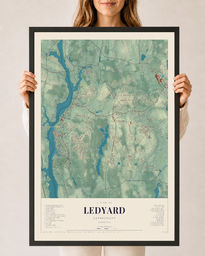 Ledyard, Connecticut map print, 24" x 36", W/ Black Ayous Wood Frame