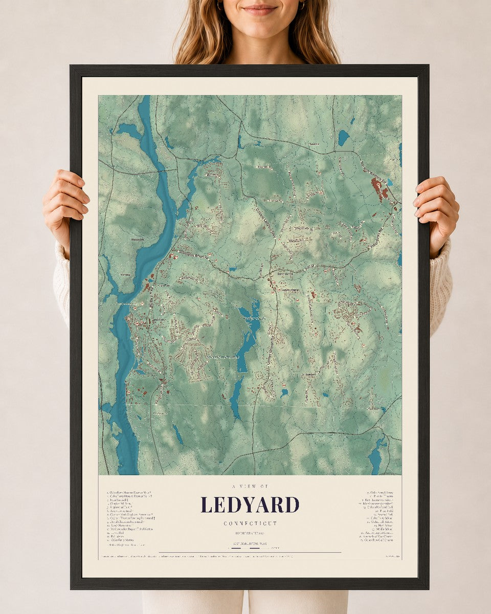 Ledyard, Connecticut map print, 24" x 36", W/ Black Ayous Wood Frame