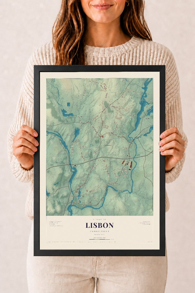 Lisbon, Connecticut map print, 12" x 18", W/ Black Ayous Wood Frame