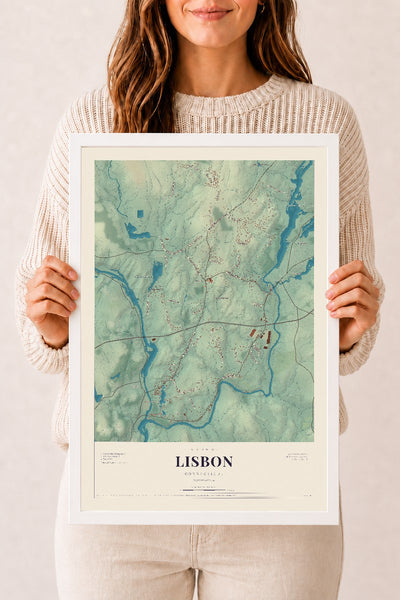 Lisbon, Connecticut map print, 12" x 18", W/ White Ayous Wood Frame