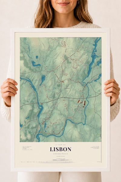 Lisbon, Connecticut map print, 18" x 24", W/ White Ayous Wood Frame