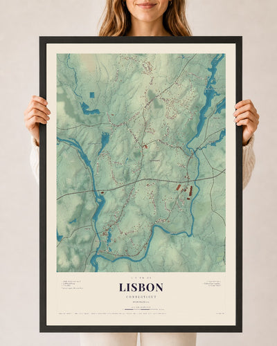 Lisbon, Connecticut map print, 24" x 36", W/ Black Ayous Wood Frame
