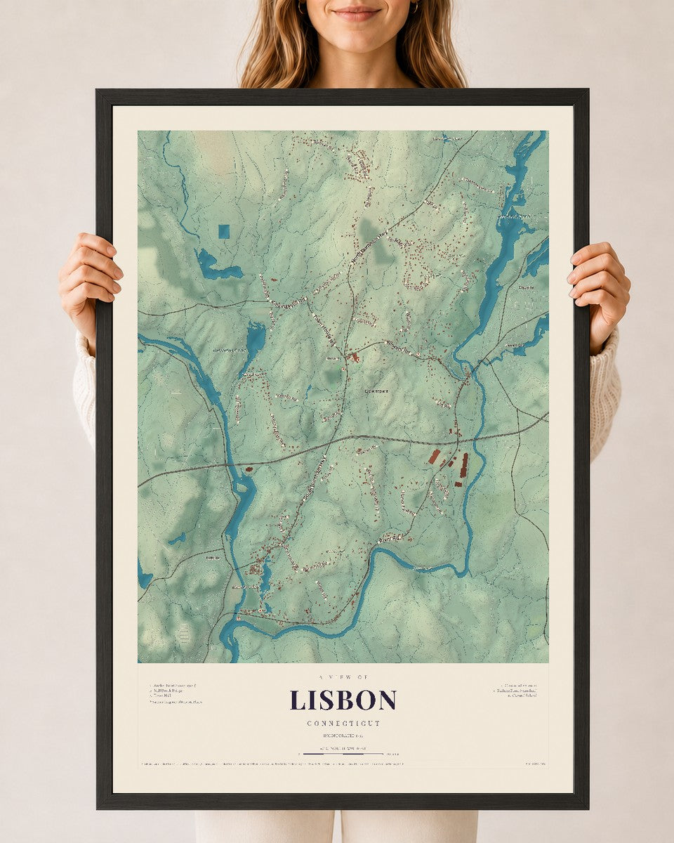 Lisbon, Connecticut map print, 24" x 36", W/ Black Ayous Wood Frame