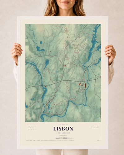Lisbon, Connecticut map print, 24" x 36", W/ White Ayous Wood Frame