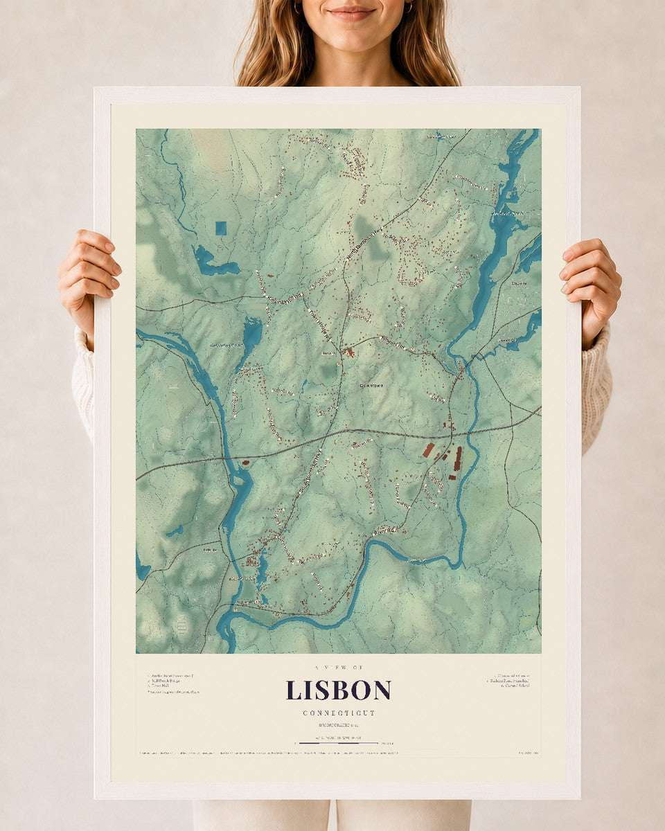 Lisbon, Connecticut map print, 24" x 36", W/ White Ayous Wood Frame