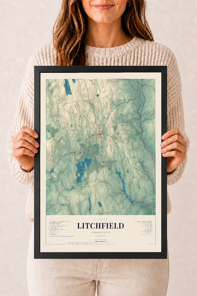 Litchfield, Connecticut map print, 12" x 18", W/ Black Ayous Wood Frame