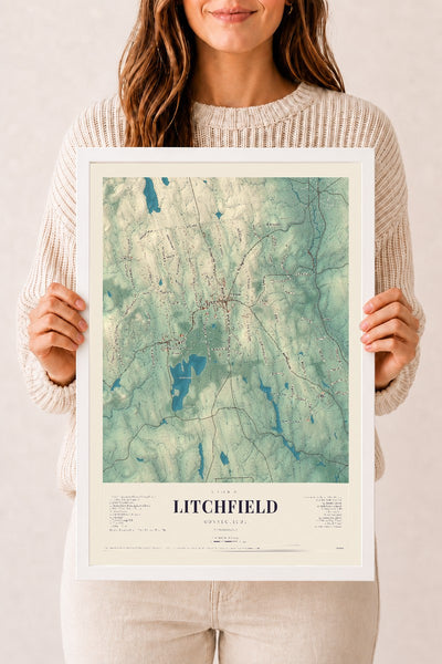 Litchfield, Connecticut map print, 12" x 18", W/ White Ayous Wood Frame